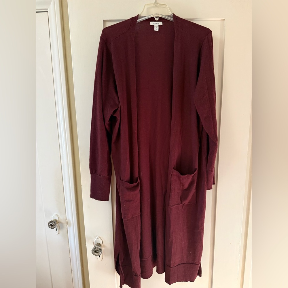 Nine West Women's Burgundy Long Open Cardigan Size 1X.